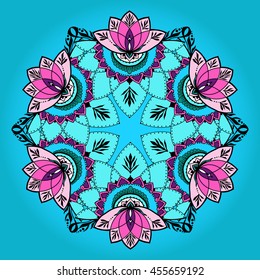 Round pattern mandala with lotuses in east style. Can be used for backgrounds, business style, tattoo templates, cards design or else. Vector illustration.