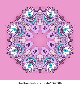 Round pattern mandala with lotuses in east style. Can be used for backgrounds, business style, tattoo templates, cards design or else. Vector illustration.