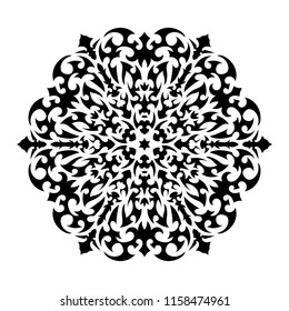 Round pattern.  Mandala pattern, tribal tattoo. Isolated vector illustration on white background. Print for clothes. Pattern for car wrap on hood. Drift car design