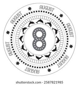 Round pattern with the number eight in the middle and dolphins in a circle. Calendar for August