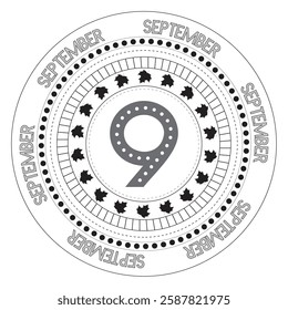 Round pattern with the number nine in the middle and maple leaf in a circle. Calendar for September