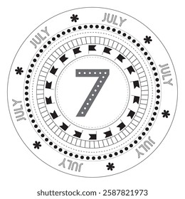 Round pattern with the number seven in the middle and flags in a circle. Calendar for July.