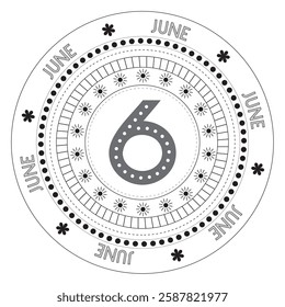 Round pattern with the number six in the middle and sun in a circle. Calendar for June.