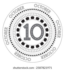 Round pattern with the number ten in the middle and pumpkin in a circle. Calendar for October