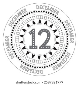 Round pattern with the number twelve in the middle and christmas tree in a circle. Calendar for December.