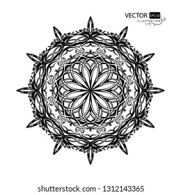Round pattern on white background. Mandala. Arabic script. Decor element for the designer. Vector illustration.