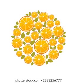 Round pattern of orange round slices on a white background. Fresh citrus template for orange products posters, fruit festival cards, vegetarian products. Vector illustration.