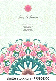 Round pattern of pink snowdrop flowers. Vector card. Place for your text.
