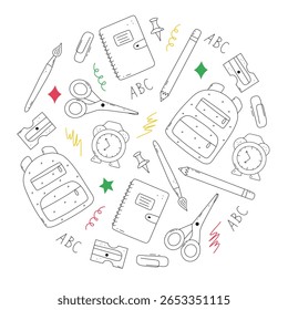 redondo; padrão; escola; rabiscar; itens; voltar para a escola; elementos; imprimir; suprimentos; círculo; banner; engraçado; infantil; colorido; branco; neutro; plano de fundo; copybook; esboçado; em branco; folha; página; bloco de notas;