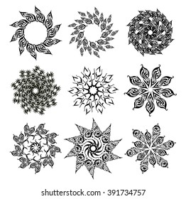 Round pattern set. Circular ornament design element. Vector Mandala. Decorative floral elements for henna design.