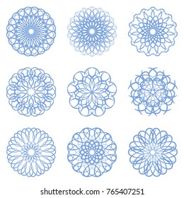 Round pattern set. Circular ornament design elements. Blue Vector Mandalas