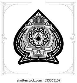 Round pattern shield with crown and vintage elements inside ace of spades form. Marine design playing card element black on white