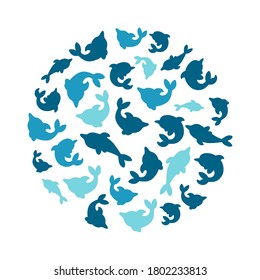 Round pattern with silhouettes of dolphins. Set of blue dolphins isolated in white background. Vector illustration