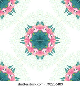 Round pattern of snowdrop flowers. Leaves and branches on backdrop. Seamless vector background.