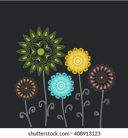 Round pattern summer flowers on dark grey background. Green, pink, orange, blue For website, T-shirt, brochure, note book, poster, plastic or paper bag