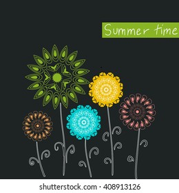 Round pattern summer flowers on dark grey background. Green, pink, orange, blue flower with hand drawn stem and leaves. Summer time text on green. For website, postcard, T-shirt