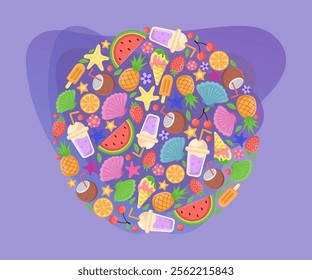 Round pattern with summer food elements vector illustrations set. Collection of cartoon drawings of watermelons, coconuts, drinks, pineapples, berries on purple background. Food, vacation concept