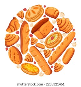 Round pattern with tasty baked goods vector illustration. Collection of cartoon drawings of sweet pies, bread of different shapes, buns isolated on white background. Baking, desserts, food concept