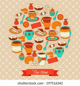 Round pattern with tea coffee and sweets time