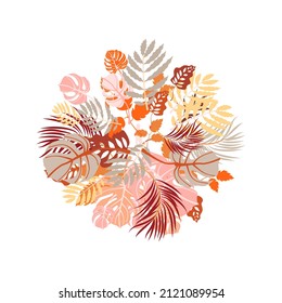 Round pattern of tropical jungle palm leaves. Colorful leaf palm and monstera dense jungle. Plant art design for social media, blog post, print, cover, wallpaper. Vector illustration