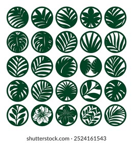 Round pattern of tropical leaves and flowers, laser cut coasters set.