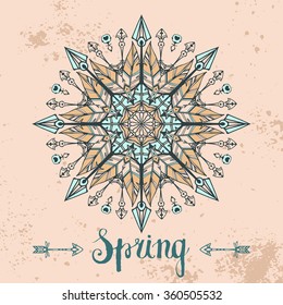 Round pattern, vector ornament in a retro boho (bohemian) style. With tribal design elements: hunter arrows and feather. Abstract mandala. Background in grudge style.