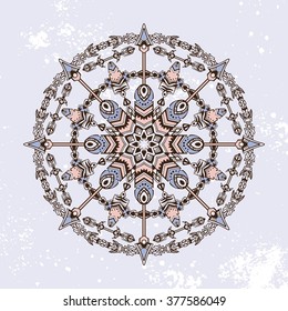 Round pattern, vector ornament in a retro boho (bohemian) style. With tribal design elements: hunter arrows and feather. Abstract mandala. Background in grudge style.