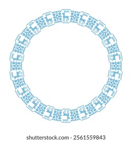 Round pattern with white background and blue embroidery in the style of traditional folklore. 