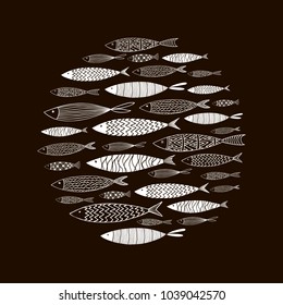 Round pattern of white fish on a black background.Vector hand-drawn texture