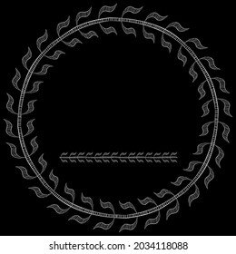 Round Patterned Frame. Seamless Hand drawn Border or divider. Brush with Leaves. White ornament on black background. Element for design. Vector illustration.