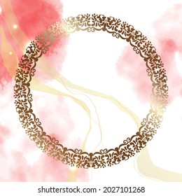Round patterned gold frame with pink watercolor stains. Beautiful illustration with pink abstract stripes and spots of light. Place for your text. Vector illustration