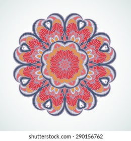 Round patterned red mandala. Vector illustration. Illustration for greeting cards, invitations, and other printing projects.