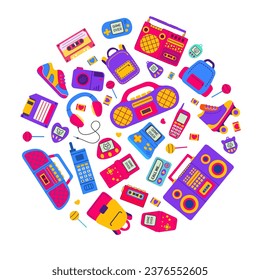 Round pattern.Retro pop culture from 90s.Portable videogame console. Cassette audio player headphones. Radio cassette tape recorder.Old mobile phone.Boombox tapes record.Cartoon 90s pop-art