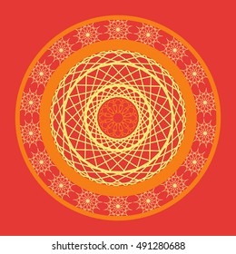 Round patterns, abstract ornaments, colored, on a red background in vector