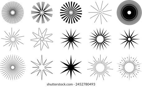 Round patterns of the sun, stars. Sun, stars, magic symbols. Abstract stripes with center. Sunburst elements. Line hand drawn illustration EPS 10