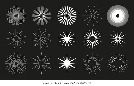 Round patterns of the sun, stars. Sun, stars, magic symbols. Abstract stripes with center. Sunburst elements. Line hand drawn illustration EPS 10