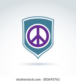 Round peace vector icon on a shield, global peace protection vector icon. Peacemaker badge.