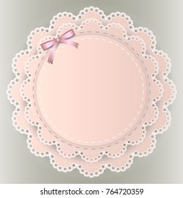 Round peach vintage banner with lace.  Retro lace napkin with bow. Vector illustration.