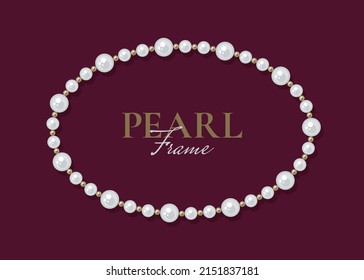 Round pearl frame on dark background. Bracelet of white pearls. Decorative element for wedding invitations, banners, cards. Vector illustration EPS10