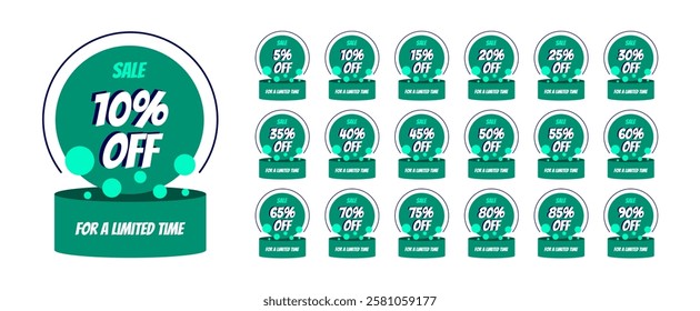 Round pedestal or box with circle above containing different discount percentages. Arc around the circle, bubbles or balls at the bottom. For a limited time.