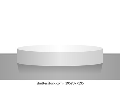 Round pedestal for the exhibition. Gray podium product with floor on white background. Scene for fashion show, museum presentation, advertising. Vector, 3d, realism.
