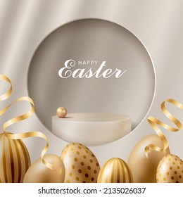 Round pedestal or podium with gold Easter eggs on cream background. Easter concept.