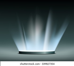 Round pedestal. Rays of light. Hologram. Stock vector illustration.