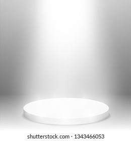 Round pedestal sanctified with light. Empty white podium illuminated mockup isolated. Champion, first place, award, win, winner, award stair concept design. Vector