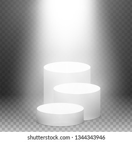 Round pedestal sanctified with light. Empty white podium illuminated mockup isolated on transparent background. Champion, first place, award, win, winner, award stair concept design. Vector