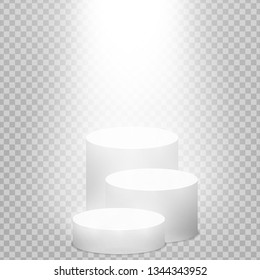 Round pedestal sanctified with light. Empty white podium illuminated mockup isolated on transparent background. Champion, first place, award, win, winner, award stair concept design. Vector