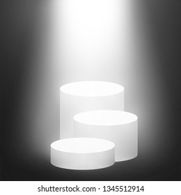 Round pedestal sanctified with light. Empty white podium illuminated mockup isolated on black background. Champion, first place, award, win, winner, award stair concept design. Vector