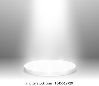 Round pedestal sanctified with light. Empty white podium illuminated mockup isolated. Champion, first place, award, win, winner, award stair concept design. Vector