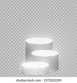 Round pedestal sanctified with light. Empty white podium illuminated mockup isolated on transparent background. Champion, first place, award, win, winner, award stair concept design. Vector