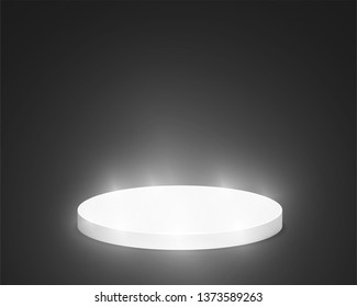Round pedestal sanctified with light. Empty white podium illuminated mockup isolated on black background. Champion, first place, award, win, winner, award stair concept design. Vector